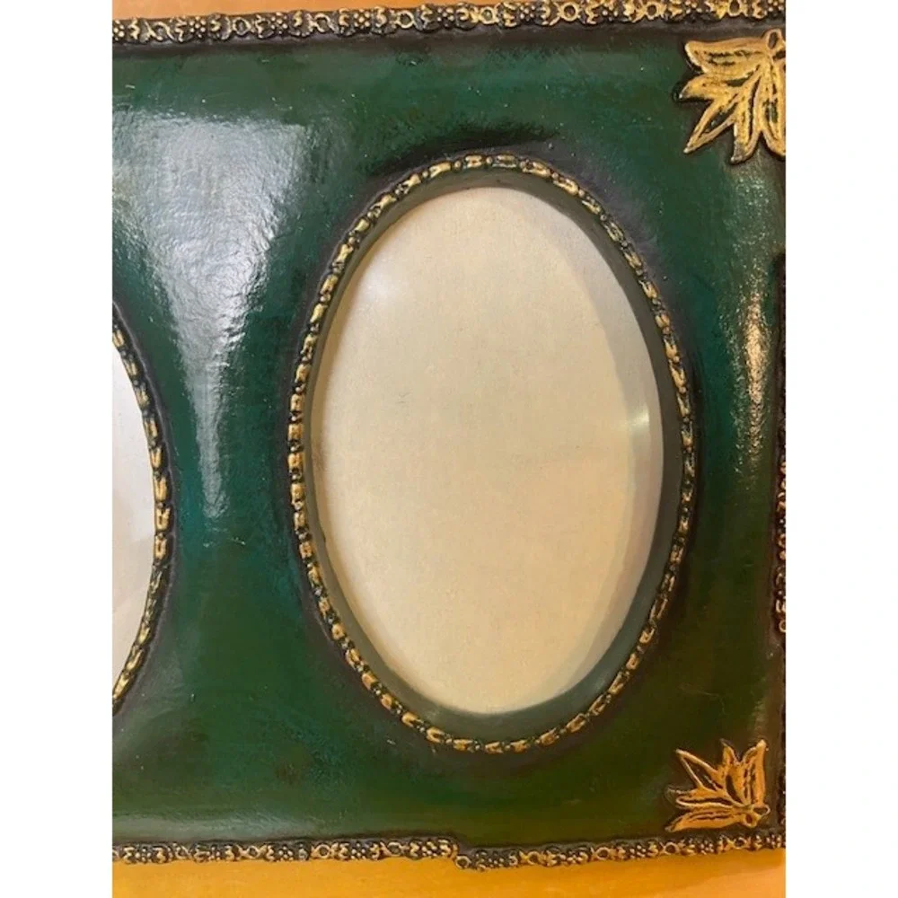 Vintage Green and Gold Double Oval Photo Frame Tabletop Easel Back 2 Opening